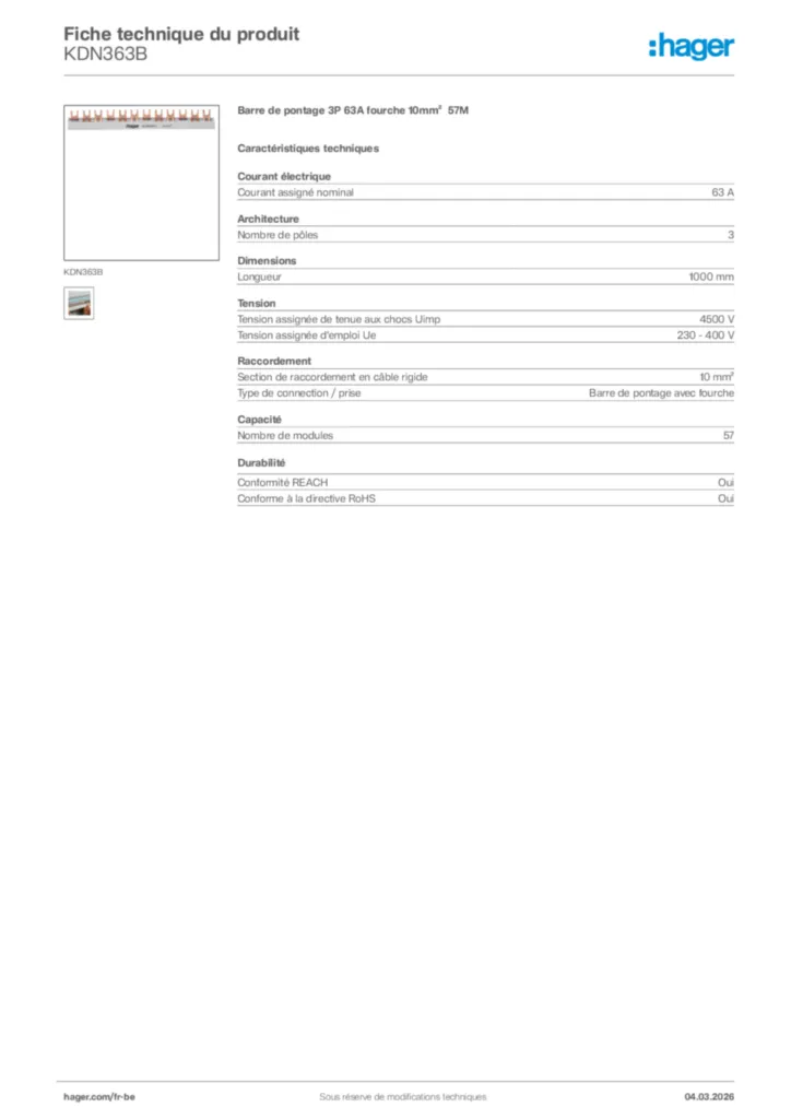 Image Hager Fiche technique du produit KDN363B | Hager Belgique