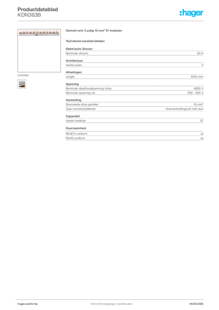 Afbeelding Hager Productdatablad KDN363B | Hager Belgium