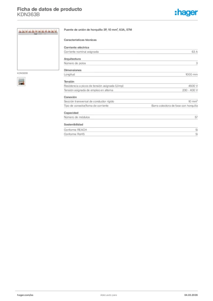 Imagen Hager Ficha de datos de producto KDN363B | Hager España