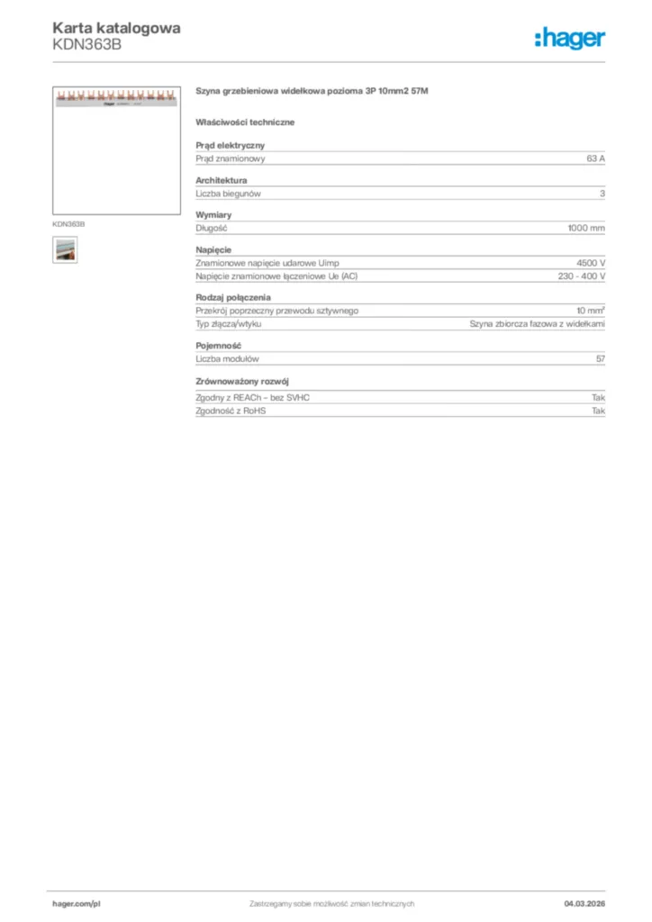 Zdjęcie Hager Karta katalogowa KDN363B | Hager Polska