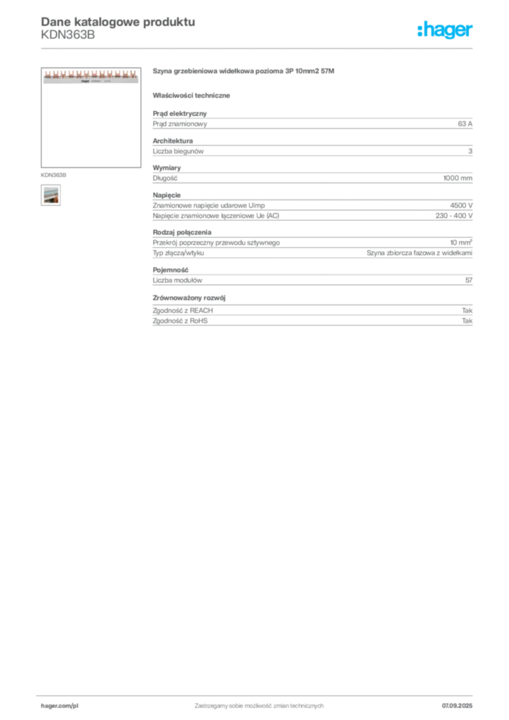 Zdjęcie Hager Dane katalogowe produktu KDN363B | Hager Polska