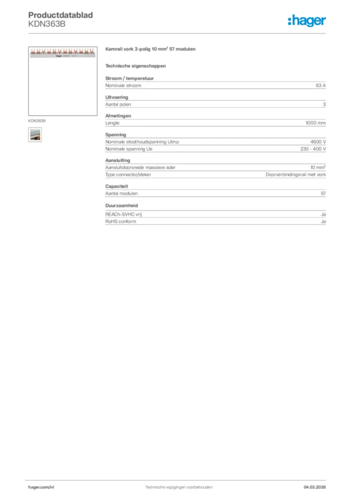 Afbeelding Hager Productdatablad KDN363B | Hager Nederland
