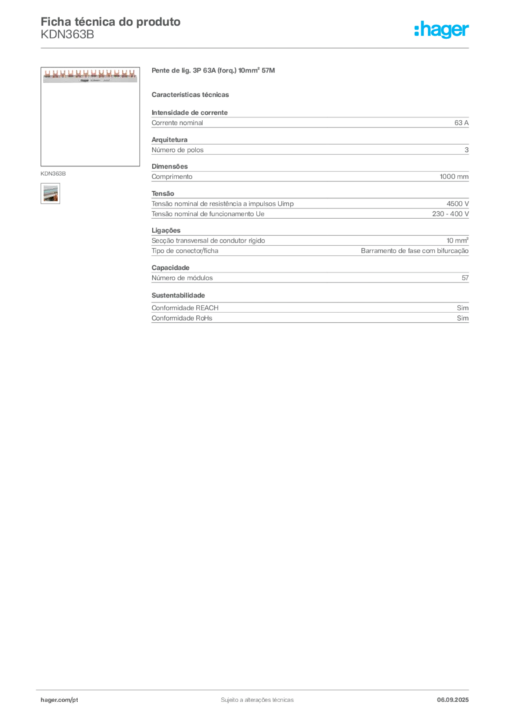 Imagem Hager Ficha técnica do produto KDN363B | Hager Portugal