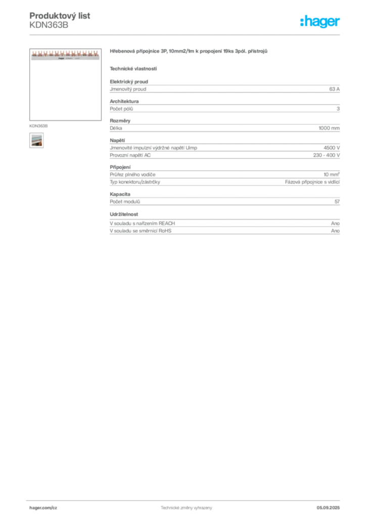 Obrázek Hager Produktový list KDN363B | Hager
