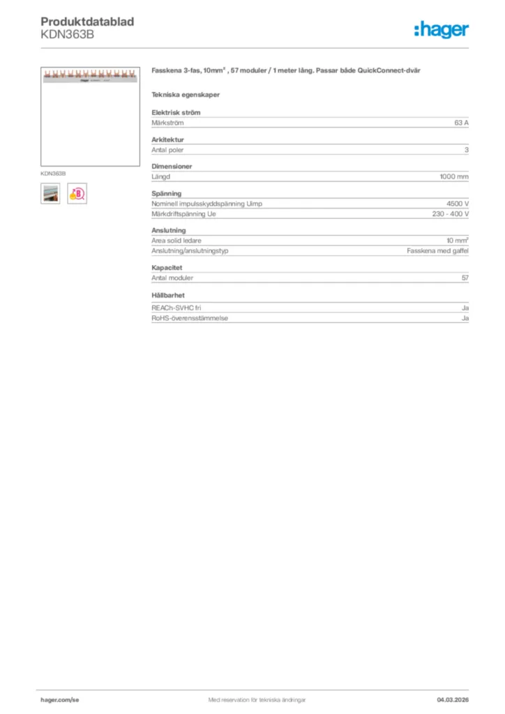 Bild Hager Produktdatablad KDN363B | Hager Sverige