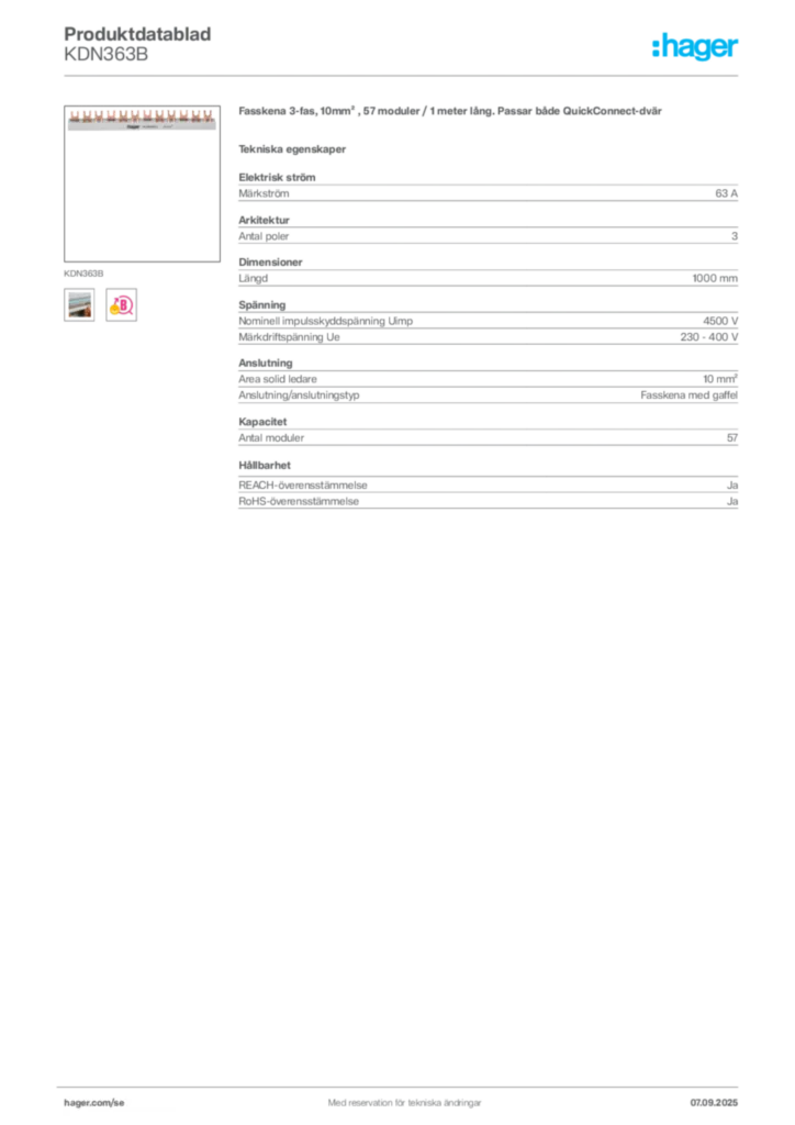Bild Hager Produktdatablad KDN363B | Hager Sverige