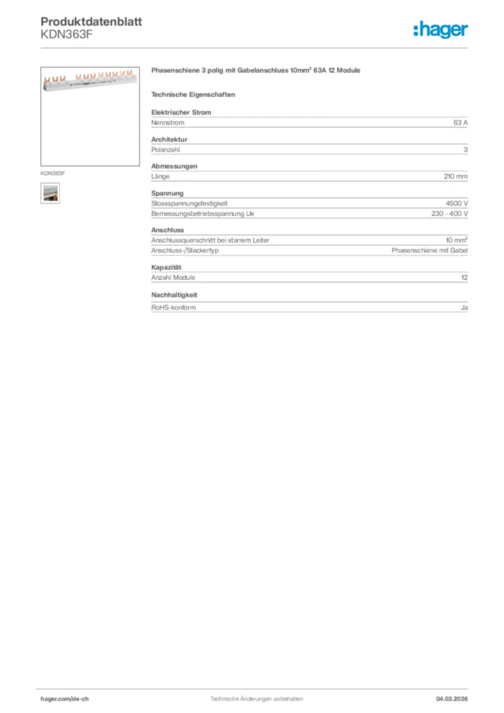 Bild Hager Produktdatenblatt KDN363F | Hager Schweiz