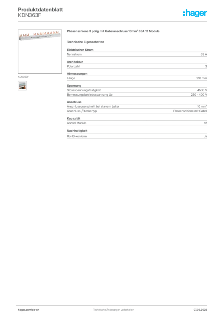 Bild Hager Produktdatenblatt KDN363F | Hager Schweiz