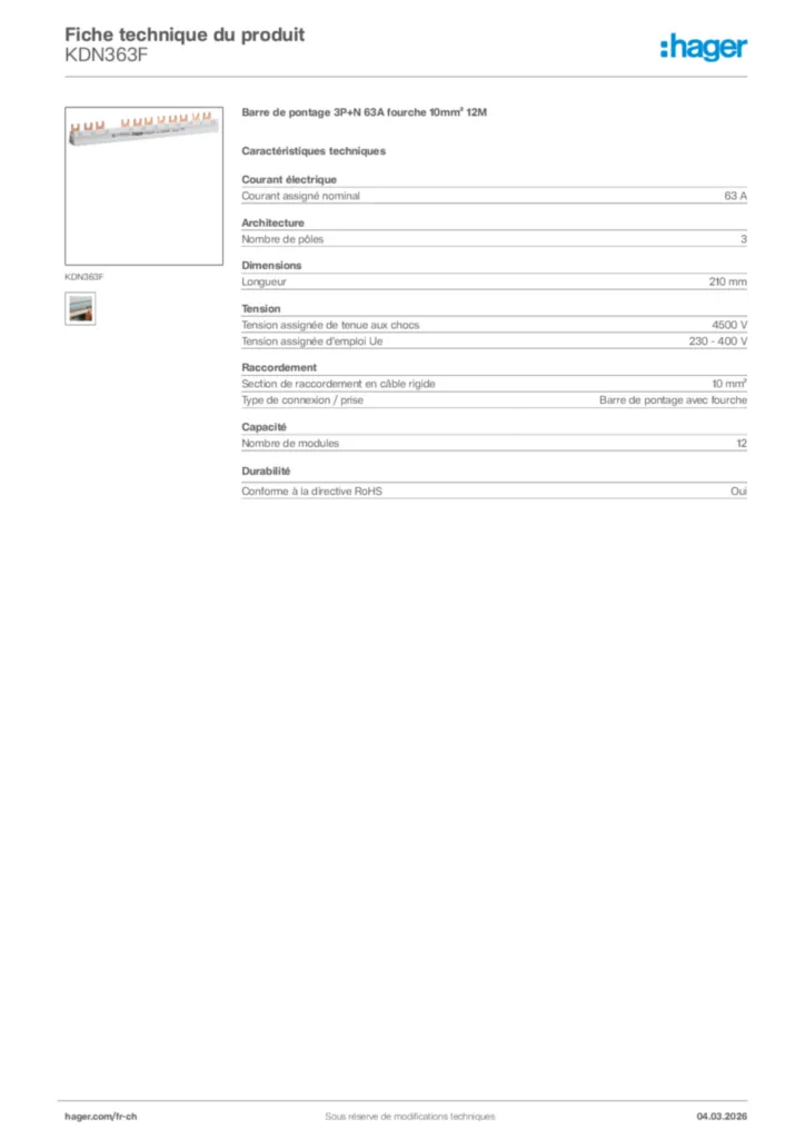 Image Hager Fiche technique du produit KDN363F | Hager Suisse