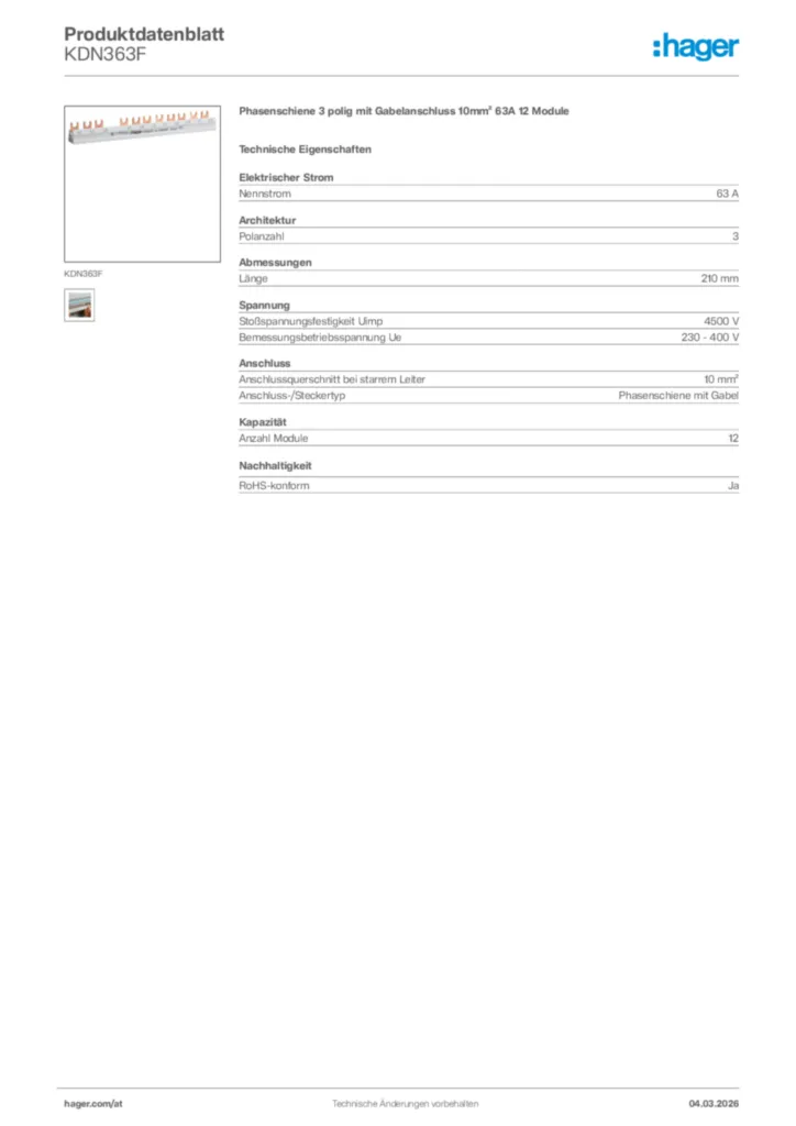 Bild Hager Produktdatenblatt KDN363F | Hager Deutschland