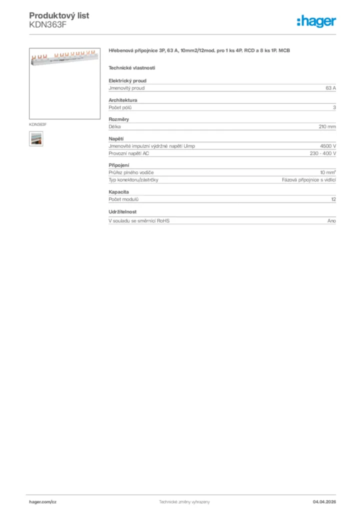 Obrázek Hager Product data sheet KDN363F | Hager