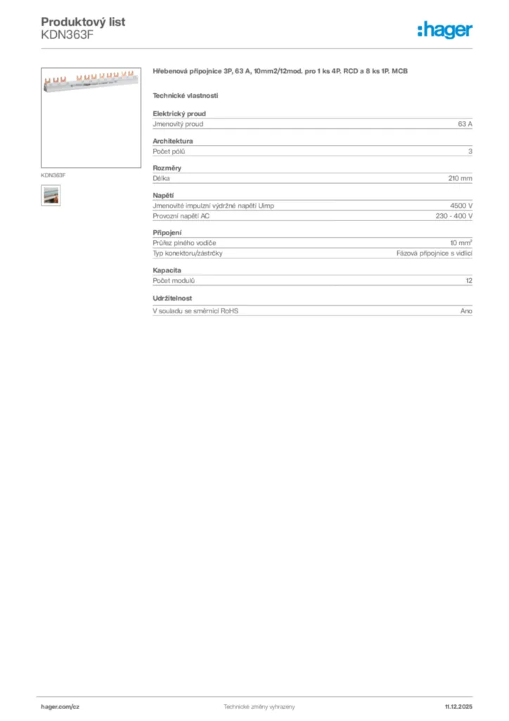Obrázek Hager Produktový list KDN363F | Hager