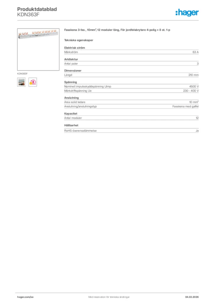 Bild Hager Produktdatablad KDN363F | Hager Sverige
