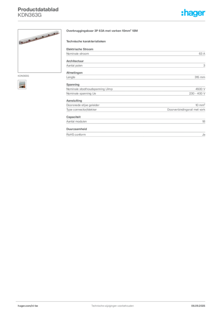 Afbeelding Hager Productdatablad KDN363G | Hager Belgium