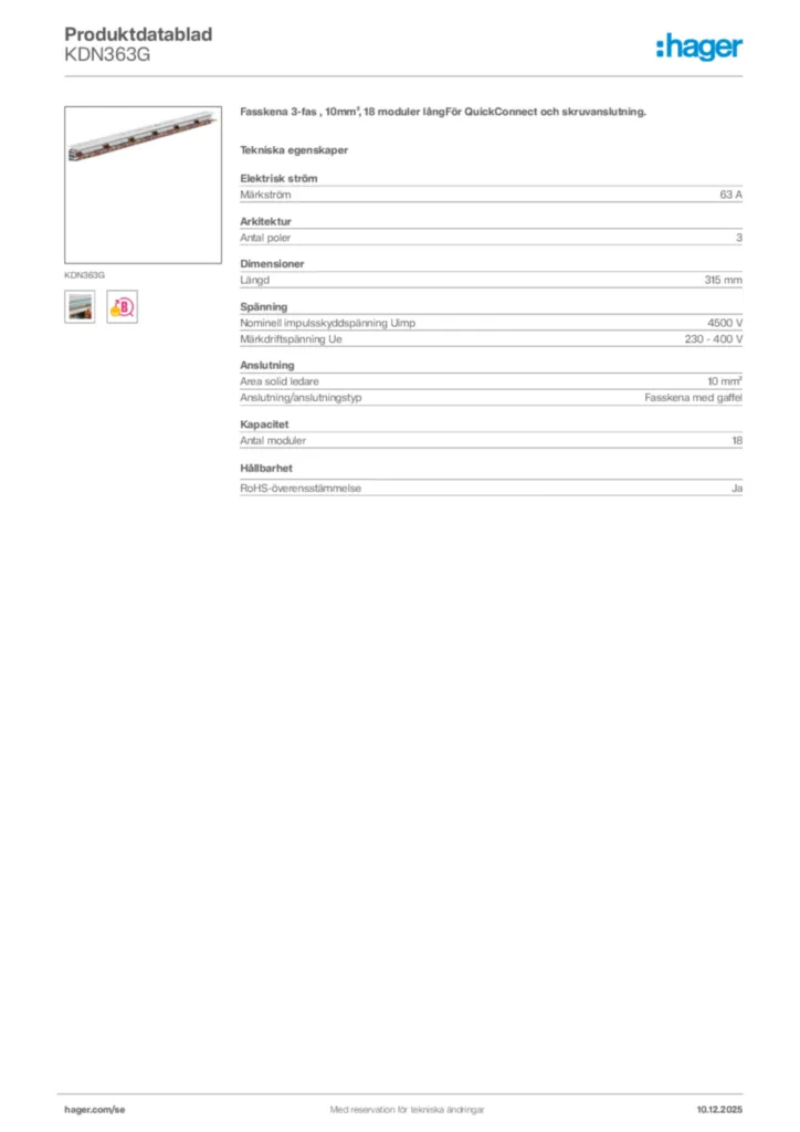Bild Hager Produktdatablad KDN363G | Hager Sverige
