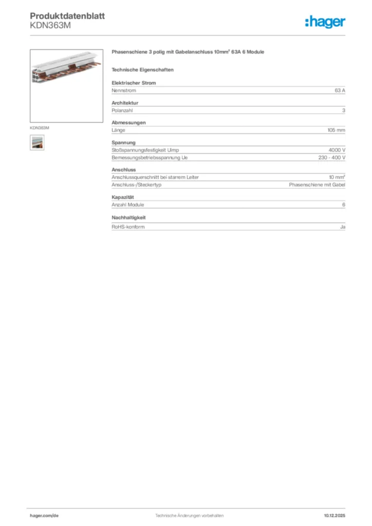 Hager Produktdatenblatt KDN363M