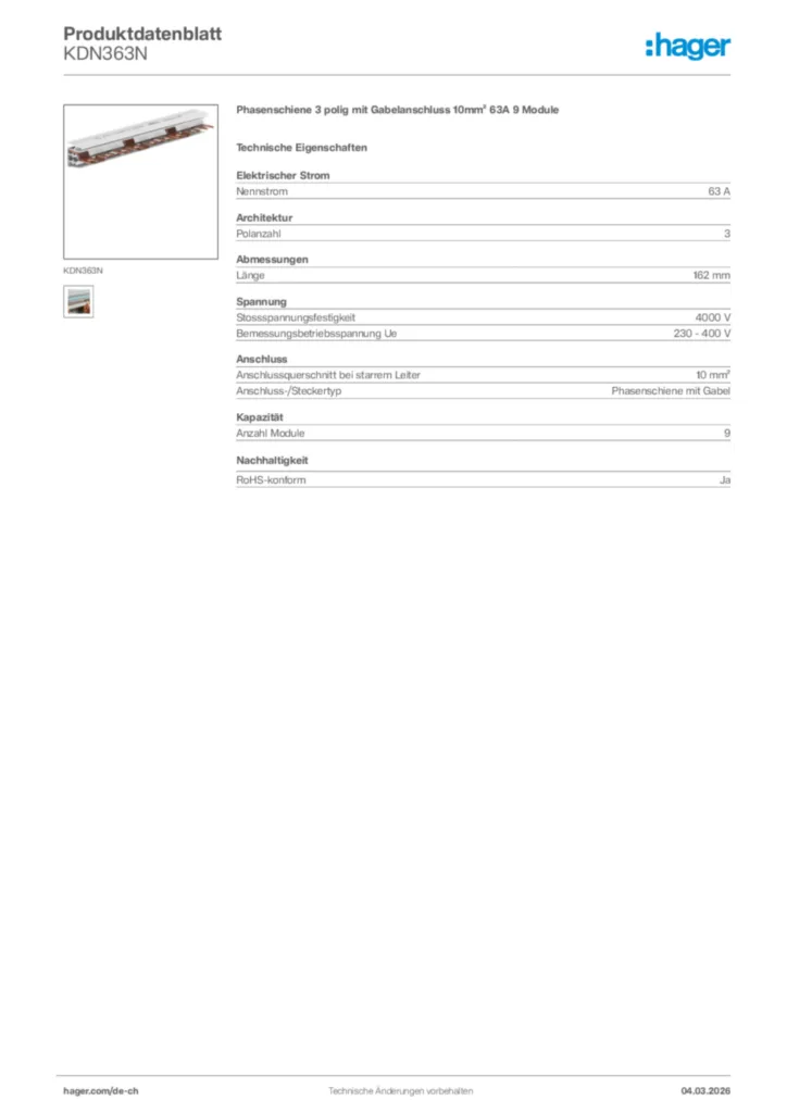 Bild Hager Produktdatenblatt KDN363N | Hager Schweiz