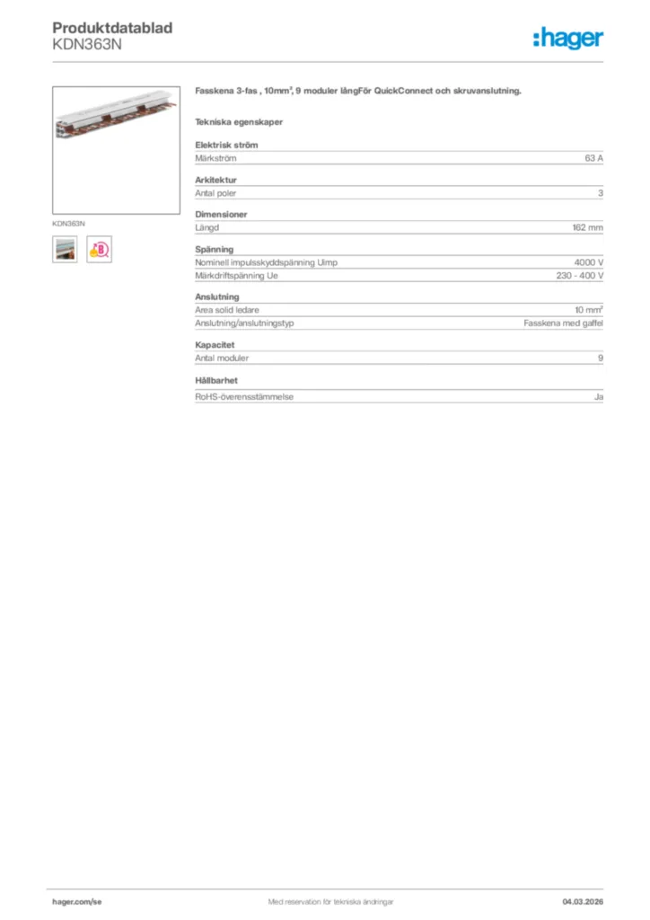 Bild Hager Produktdatablad KDN363N | Hager Sverige