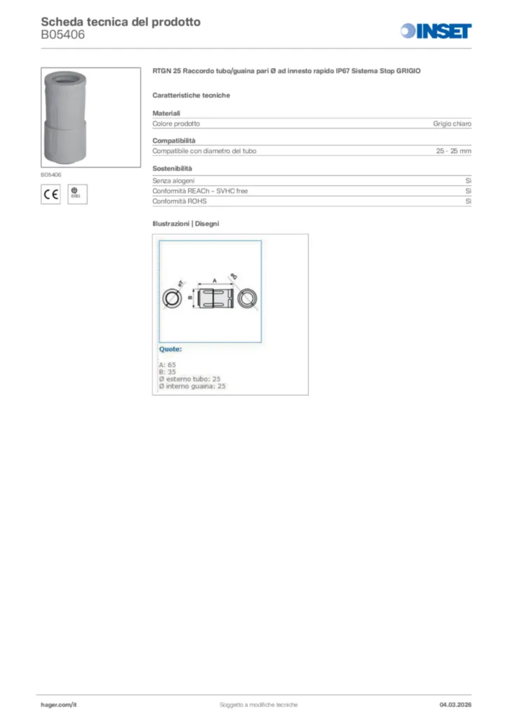 Immagine Inset Scheda tecnica del prodotto B05406 | Hager Italia
