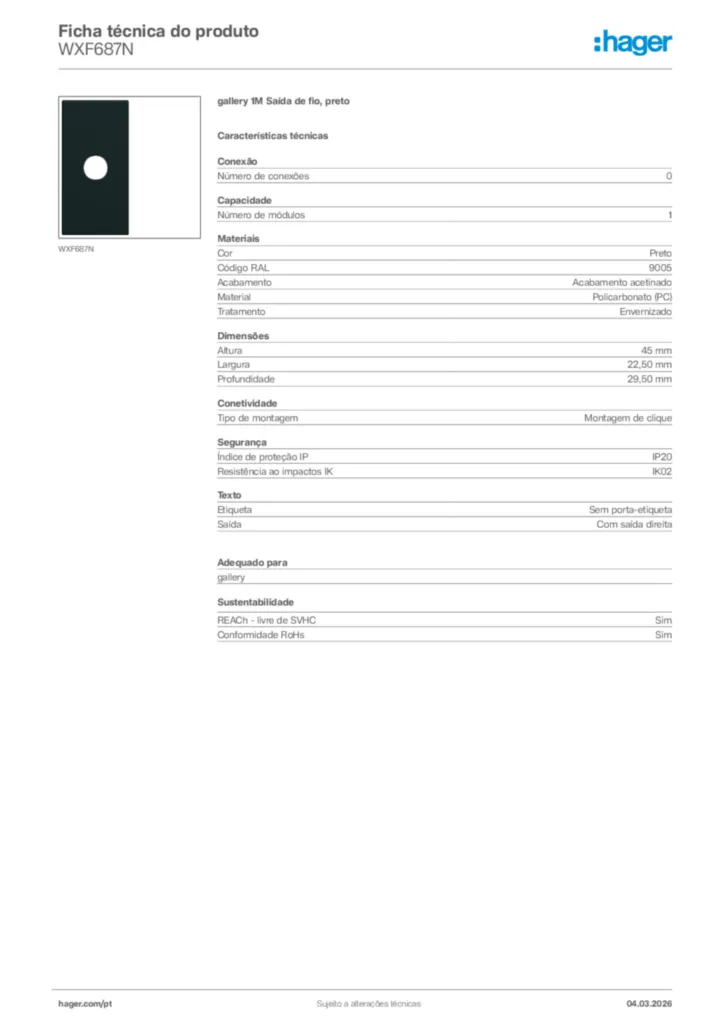 Imagem Hager Ficha técnica do produto WXF687N | Hager Portugal