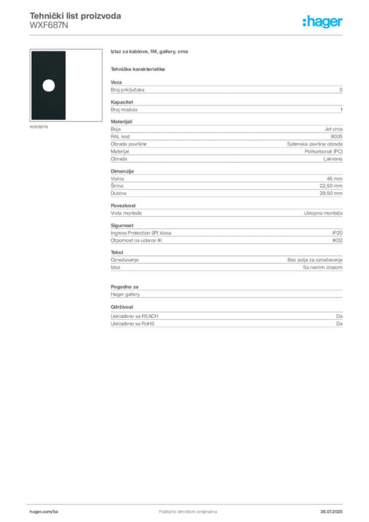 Slika Hager Product data sheet WXF687N  | Hager