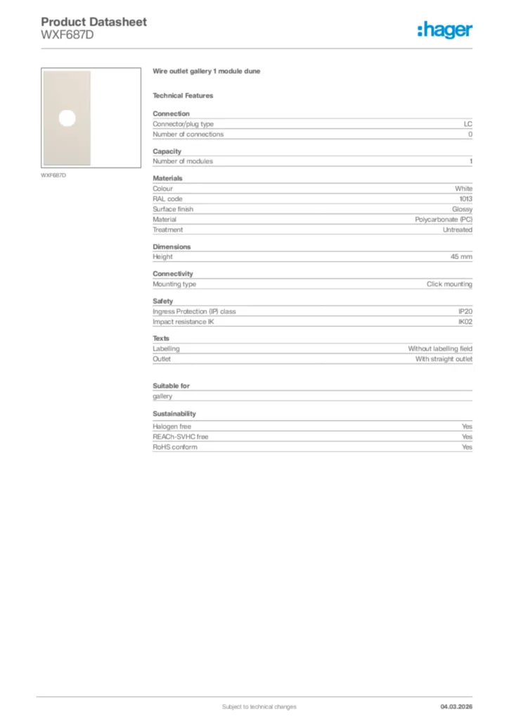 Image Hager Product data sheet WXF687D  | Hager Africa