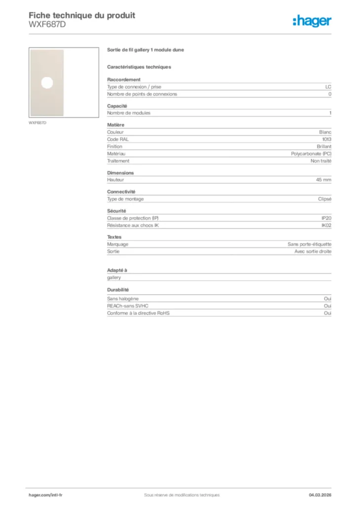 Image Hager Fiche technique du produit WXF687D | Hager Afrique
