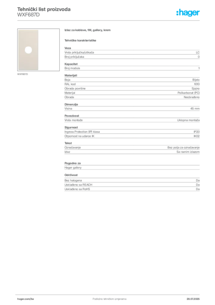 Slika Hager Product data sheet WXF687D  | Hager