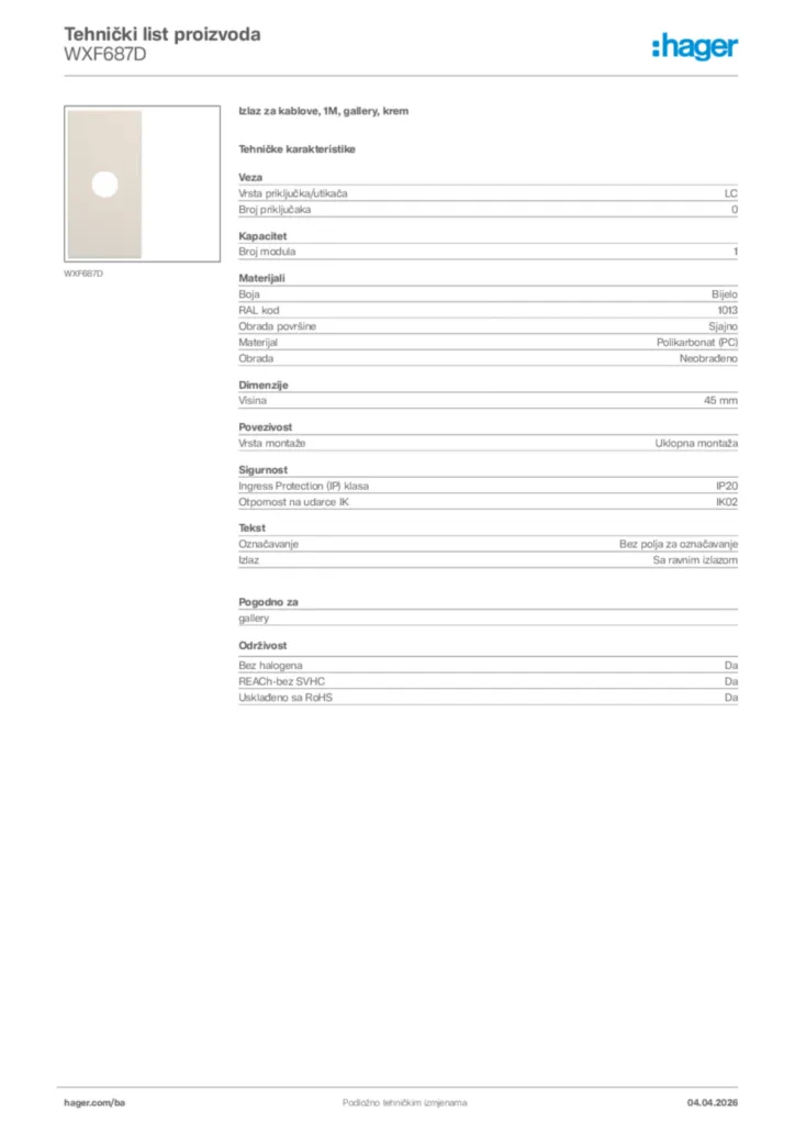 Slika Hager Tehnički list proizvoda WXF687D  | Hager