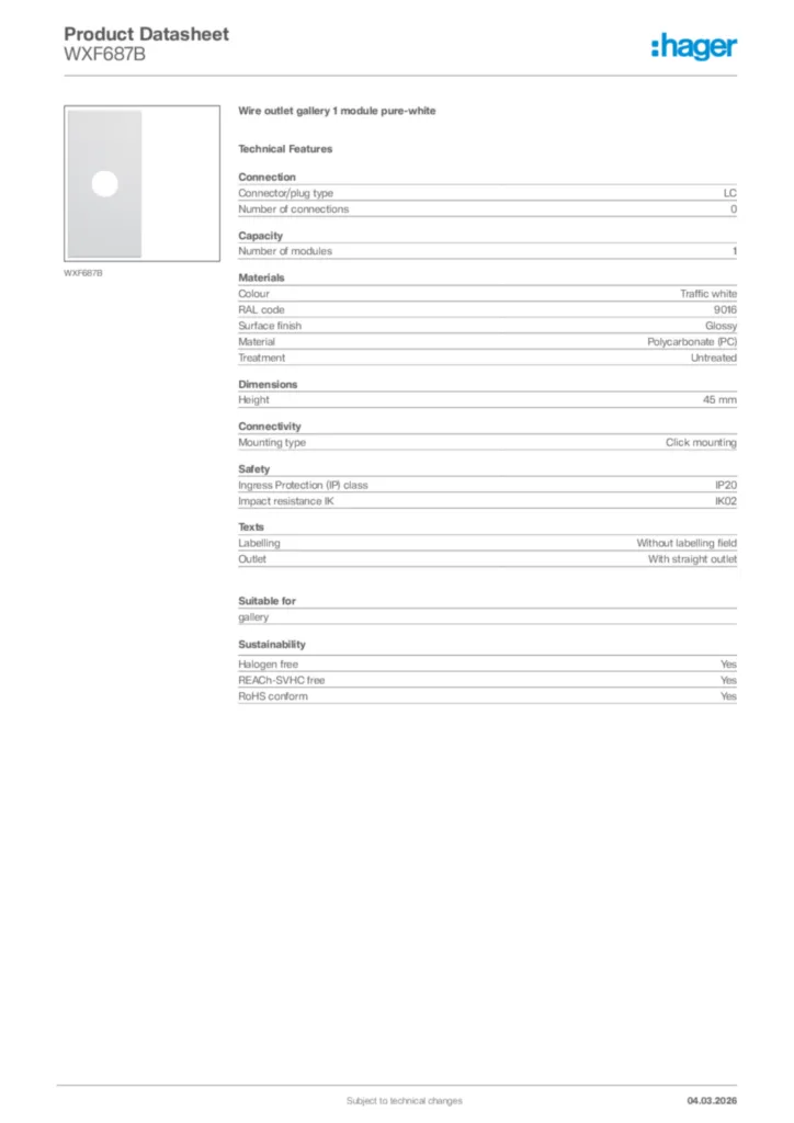 Image Hager Product data sheet WXF687B  | Hager Africa