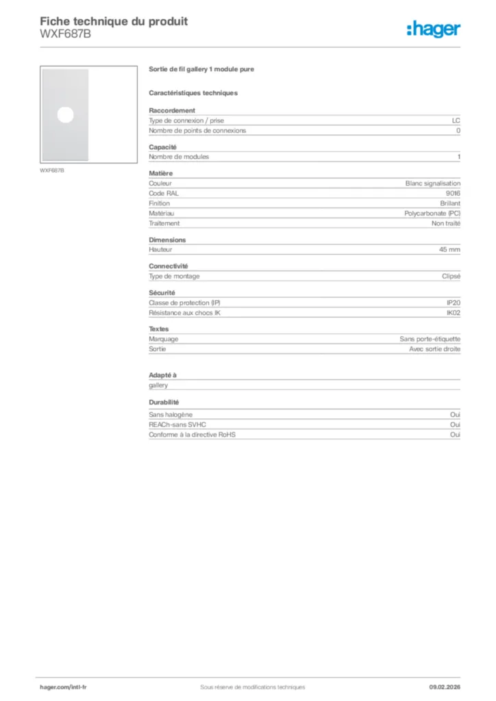 Image Hager Fiche technique du produit WXF687B | Hager Afrique