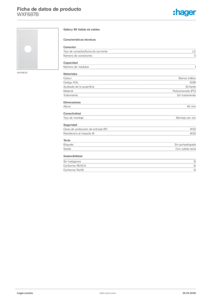Imagen Hager Ficha de datos de producto WXF687B | Hager España