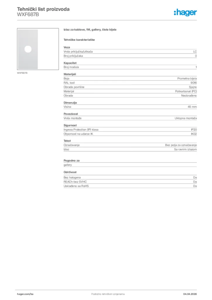 Slika Hager Tehnički list proizvoda WXF687B  | Hager