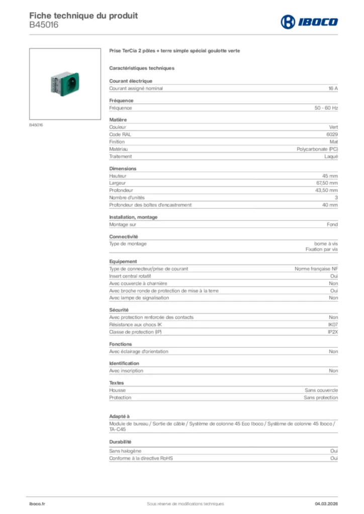 Image Iboco Fiche technique du produit B45016 | Hager France