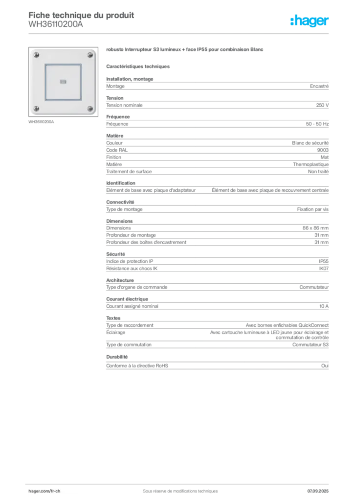 Image Hager Fiche technique du produit WH36110200A | Hager Suisse