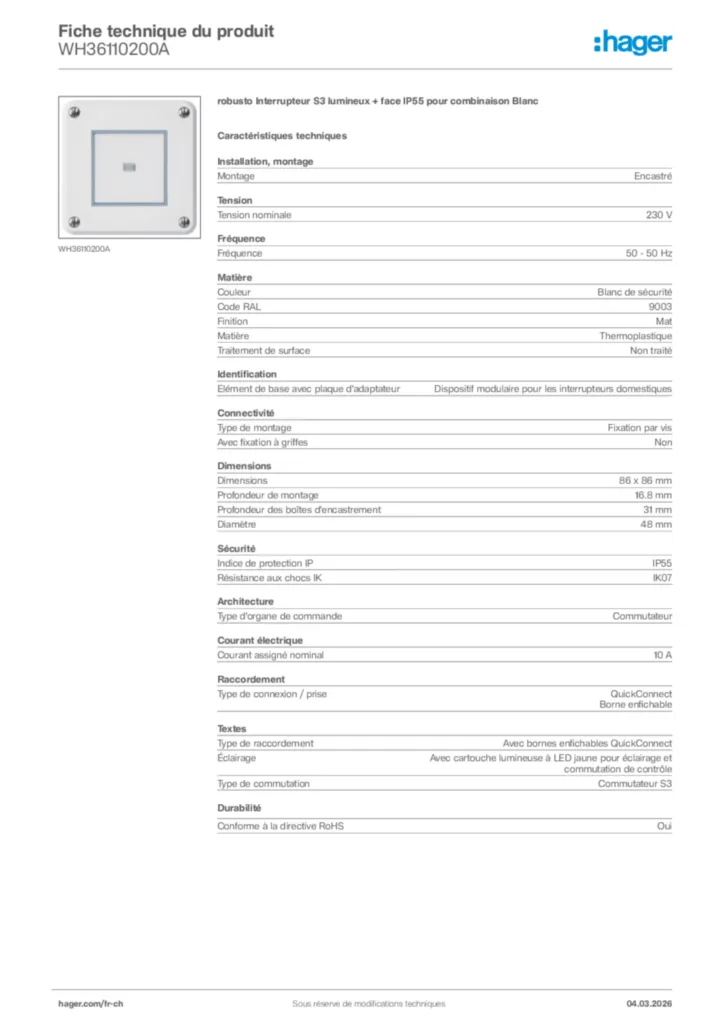 Image Hager Fiche technique du produit WH36110200A | Hager Suisse
