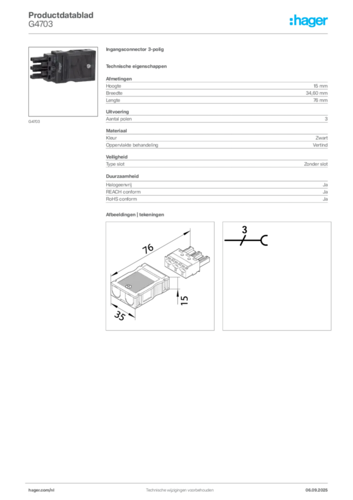 Afbeelding Hager Productdatablad G4703 | Hager Nederland