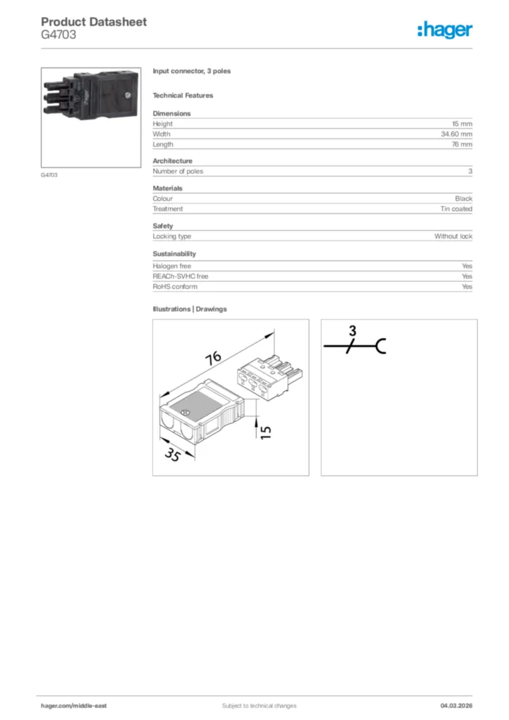 Image Hager Product data sheet G4703  | Hager