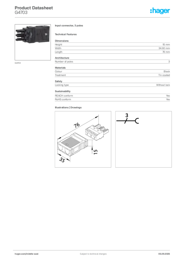 Image Hager Product data sheet G4703  | Hager