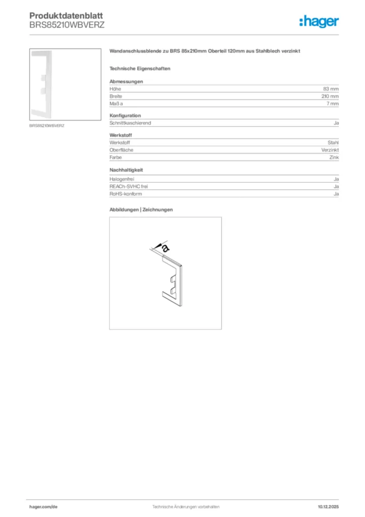 Bild Hager Produktdatenblatt BRS85210WBVERZ | Hager Deutschland