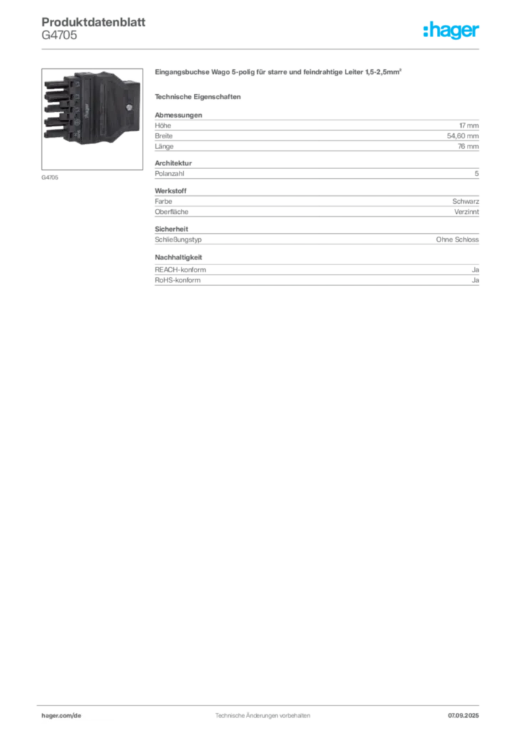 Bild Hager Produktdatenblatt G4705 | Hager Deutschland