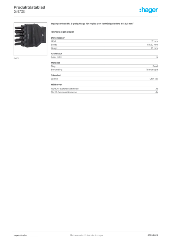 Bild Hager Produktdatablad G4705 | Hager Sverige