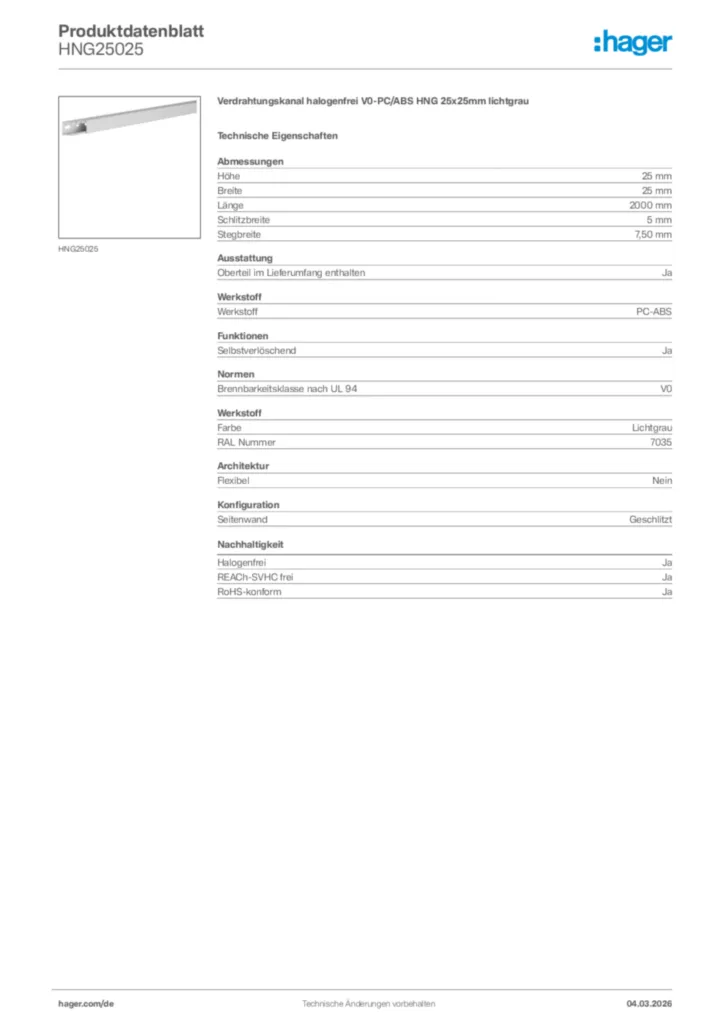Bild Hager Produktdatenblatt HNG25025 | Hager Deutschland