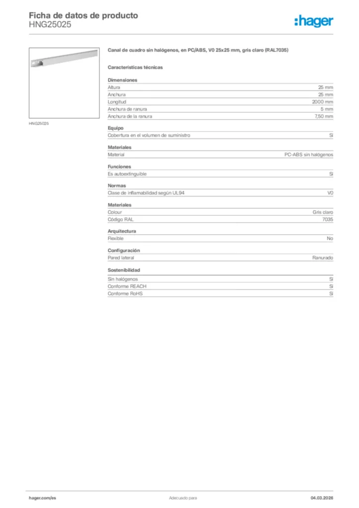 Imagen Hager Ficha de datos de producto HNG25025 | Hager España