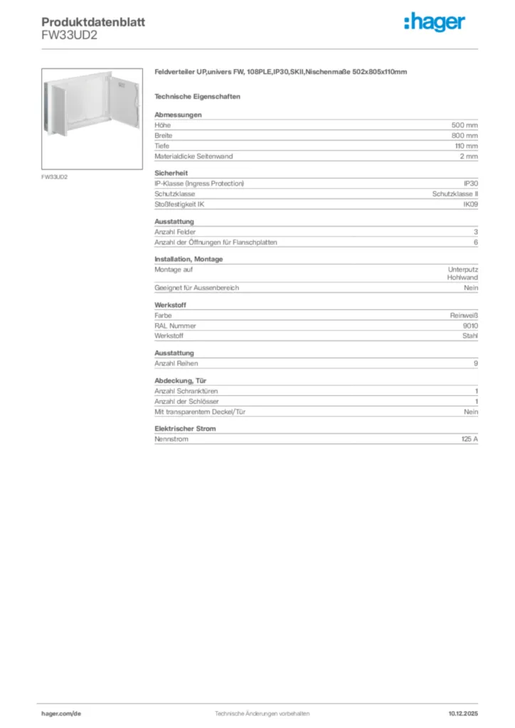 Bild Hager Produktdatenblatt FW33UD2 | Hager Deutschland