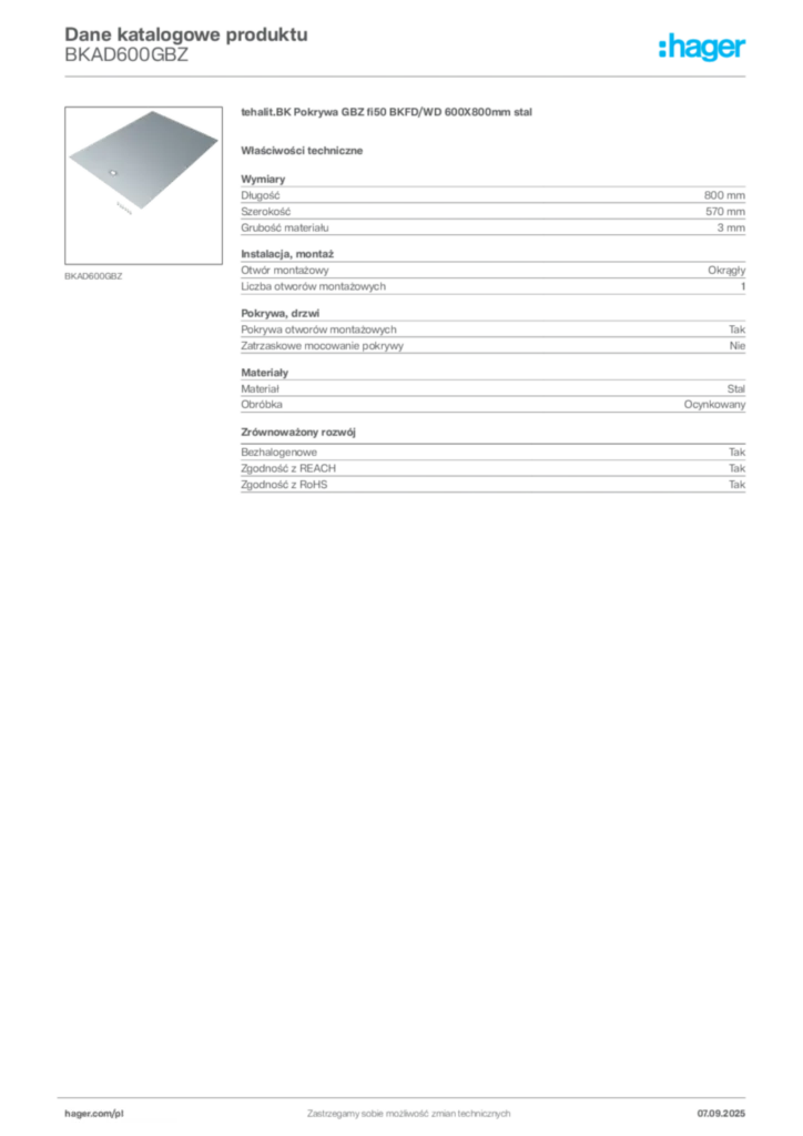 Zdjęcie Hager Dane katalogowe produktu BKAD600GBZ | Hager Polska