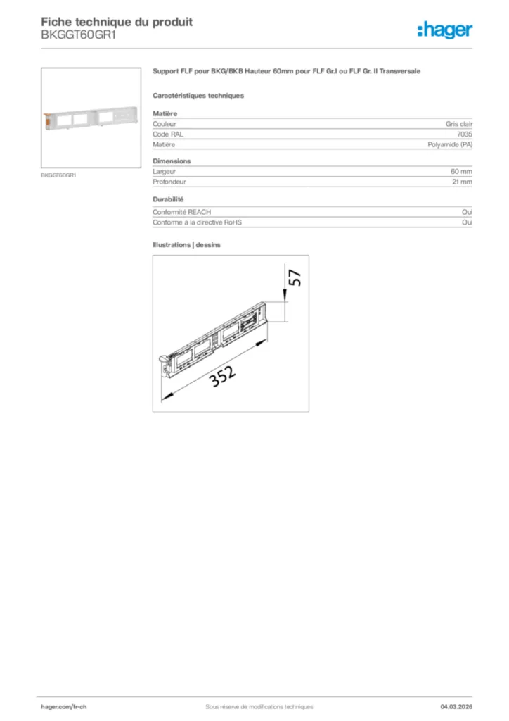 Image Hager Fiche technique du produit BKGGT60GR1 | Hager Suisse
