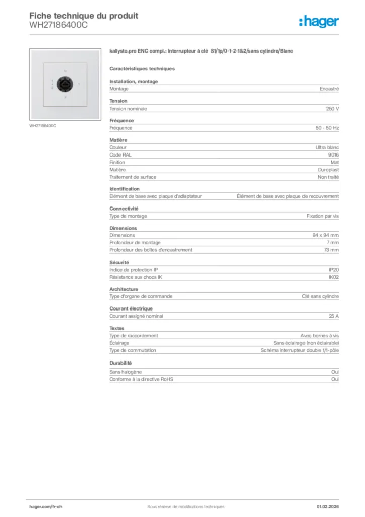 Image Hager Fiche technique du produit WH27186400C | Hager Suisse