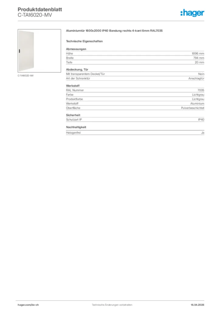 Bild Hager Produktdatenblatt C-TA16020-MV | Hager Schweiz