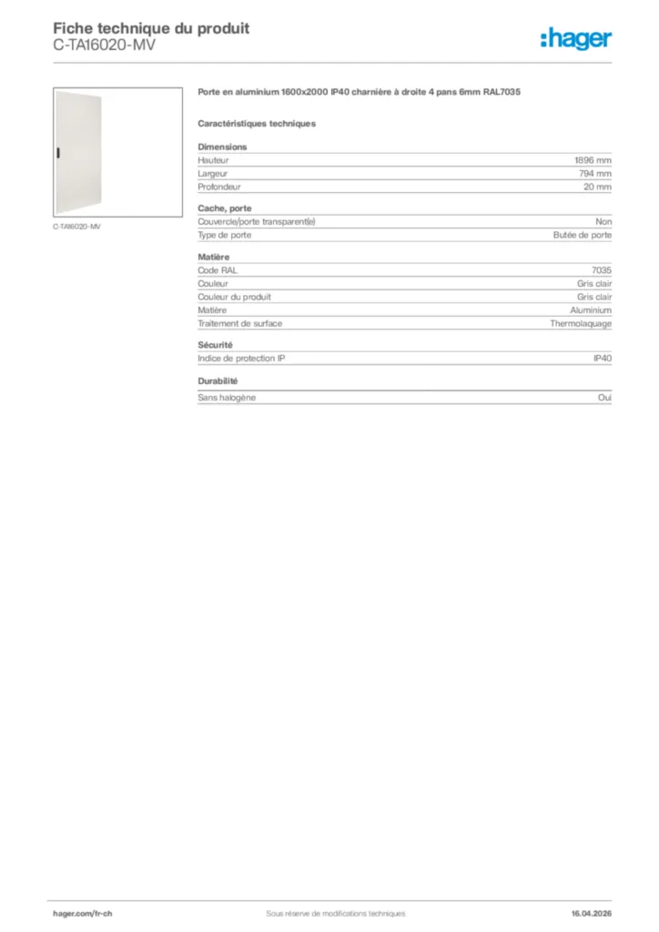 Image Hager Fiche technique du produit C-TA16020-MV | Hager Suisse
